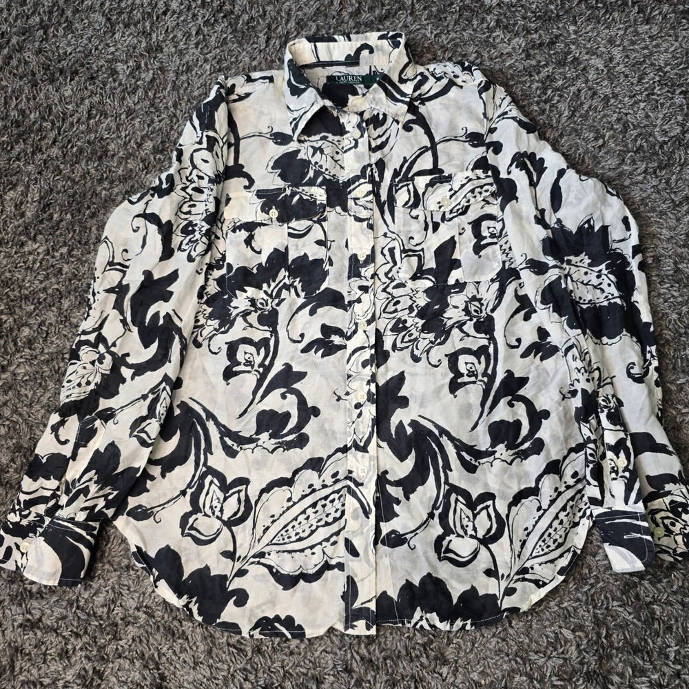 Lauren Ralph Lauren Cotton Silk Floral Paisley Button Down Shirt Black White M